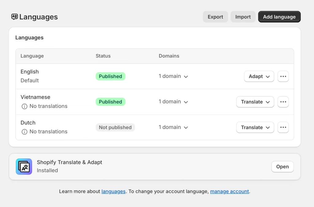 shopify language setting add new language