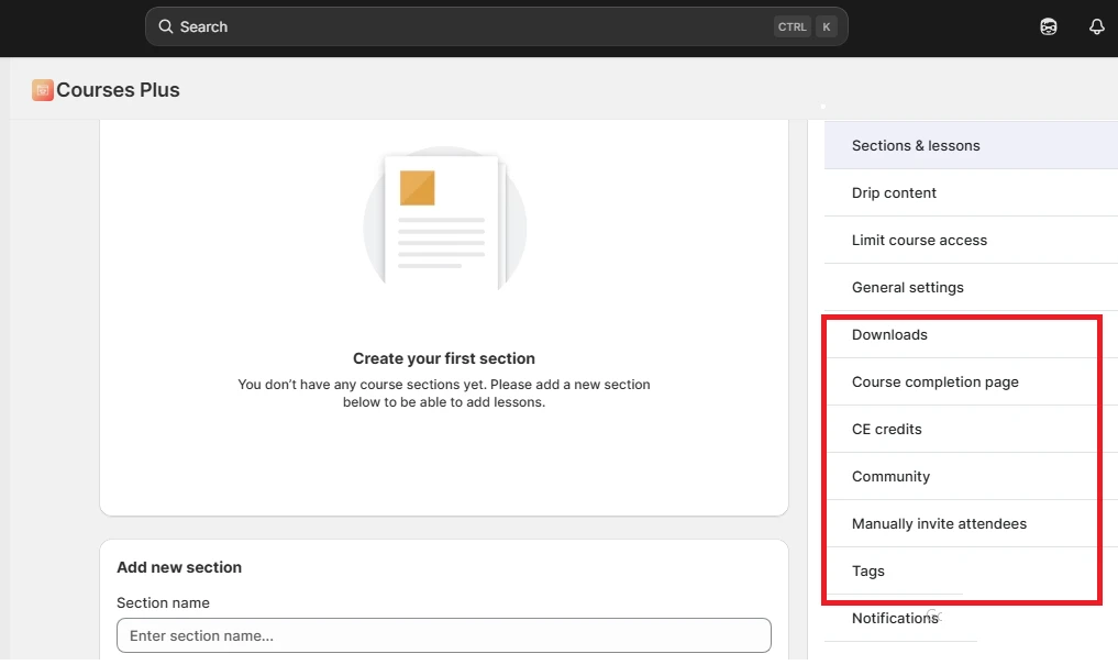 shopify course settings